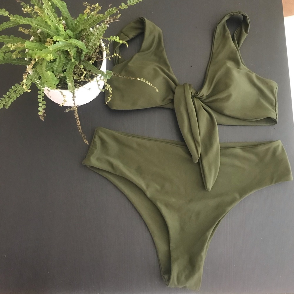 Knot Front Top With High Leg Bikini Set